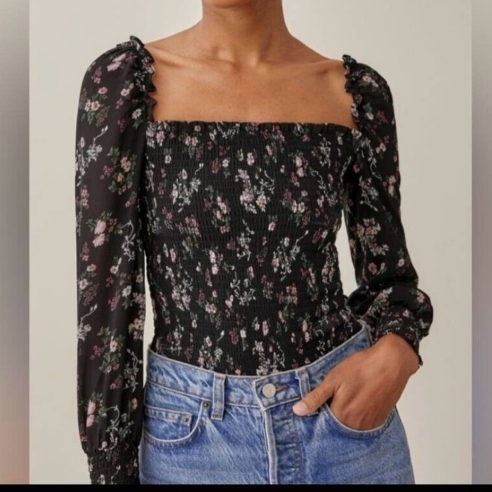 Reformation Floral Jolene Black Smocked Women's Top